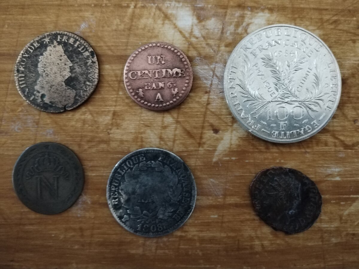 Six monnaies françaises historiques : Louis XIV, centime Napoléon, Troisième République